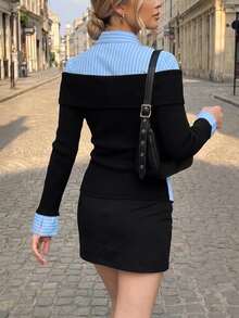 Selenza Women's Fashionable New Spring/Autumn Romantic Elegant Black Off-Shoulder Striped Patchwork Shirt, 2 In 1 Design, Suitable For Daily Commute, Date, Outing, Vacation And Various Occasions, Fashionable Item - Multicolor - View 2