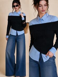 Selenza Women's Fashionable New Spring/Autumn Romantic Elegant Black Off-Shoulder Striped Patchwork Shirt, 2 In 1 Design, Suitable For Daily Commute, Date, Outing, Vacation And Various Occasions, Fashionable Item - Multicolor - View 6