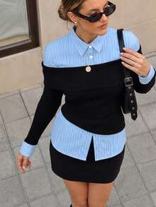 Selenza Women's Fashionable New Spring/Autumn Romantic Elegant Black Off-Shoulder Striped Patchwork Shirt, 2 In 1 Design, Suitable For Daily Commute, Date, Outing, Vacation And Various Occasions, Fashionable Item - Multicolor - View 3