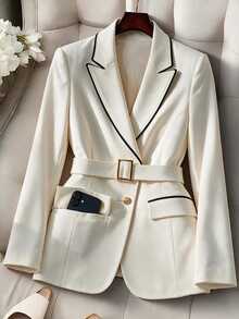 GlowEve CURVE Plus Size White Collar Contrast Color Woven Tape Long Sleeve Blazer With Waist Belt Pocket Flap Decoration Teachers' Day Wedding Formal Autumn Casual - Apricot - View 1
