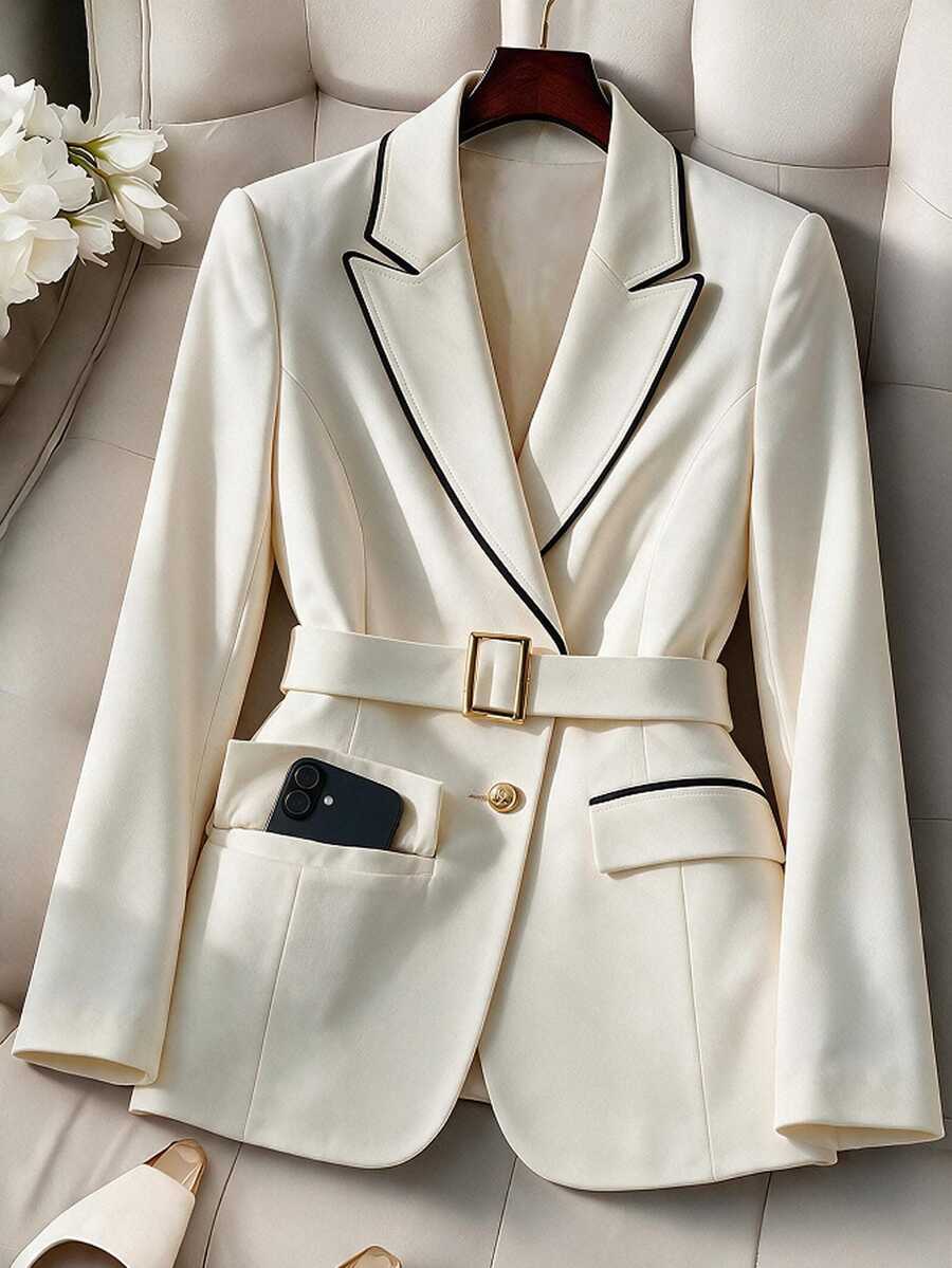 GlowEve CURVE Plus Size White Collar Contrast Color Woven Tape Long Sleeve Blazer With Waist Belt Pocket Flap Decoration Teachers' Day Wedding Formal Autumn Casual - Apricot - View 1