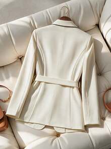 GlowEve CURVE Plus Size White Collar Contrast Color Woven Tape Long Sleeve Blazer With Waist Belt Pocket Flap Decoration Teachers' Day Wedding Formal Autumn Casual - Apricot - View 2