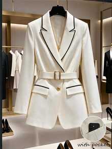 GlowEve CURVE Plus Size White Collar Contrast Color Woven Tape Long Sleeve Blazer With Waist Belt Pocket Flap Decoration Teachers' Day Wedding Formal Autumn Casual - Apricot - View 3