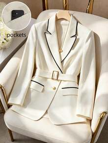 GlowEve CURVE Plus Size White Collar Contrast Color Woven Tape Long Sleeve Blazer With Waist Belt Pocket Flap Decoration Teachers' Day Wedding Formal Autumn Casual - Apricot - View 8