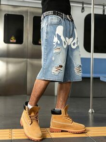 Manfinity Roghcode Summer Unisex Distressed Print Denim Shorts - Blue - View 3