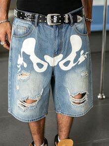 Manfinity Roghcode Summer Unisex Distressed Print Denim Shorts - Blue - View 8