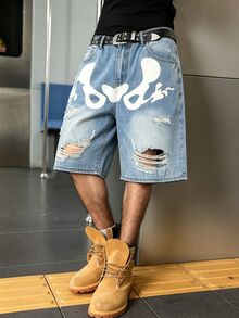Manfinity Roghcode Summer Unisex Distressed Print Denim Shorts - Blue - View 4