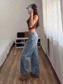 SHEIN CURVE+ بنطلون جينز مقاس كبير موضة بأزرار وجيوب بقصة فضفاضة - الأزرق - مشاهدة 3