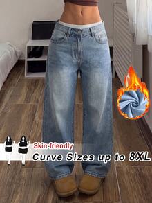 SHEIN CURVE+ بنطلون جينز مقاس كبير موضة بأزرار وجيوب بقصة فضفاضة - الأزرق - مشاهدة 1
