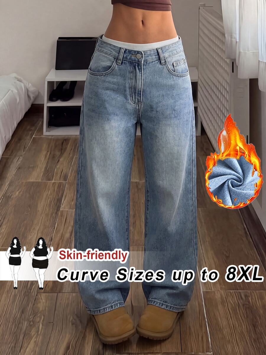 SHEIN CURVE+ بنطلون جينز مقاس كبير موضة بأزرار وجيوب بقصة فضفاضة - الأزرق - مشاهدة 1
