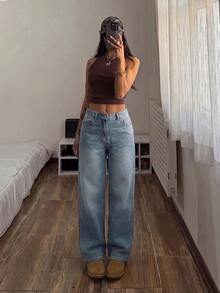 SHEIN CURVE+ بنطلون جينز مقاس كبير موضة بأزرار وجيوب بقصة فضفاضة - الأزرق - مشاهدة 5