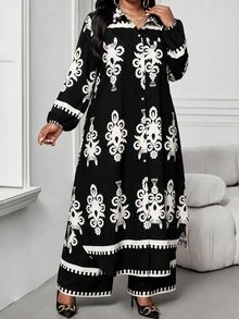 SHEIN Lady 春夏秋冬休閒波希米亞優雅風 職場晚餐派對婚禮賓客黑色編織襯衫領主教袖口袋大尺碼套裝 - 黑與白 - 查看 3