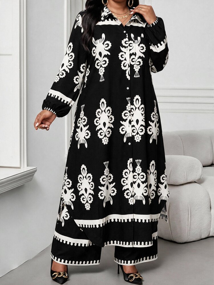 SHEIN Lady بدلة نسائية مقاس كبير باللون الأسود، منسوجة، بياقة قميص وأكمام أسقف وجيوب، كاجوال بوهيمي أنيق، مناسبة للعمل والعشاء والحفلات وحضور حفلات الزفاف، لجميع الفصول (الربيع والصيف والخريف والشتاء) - أبيض وأسود - مشاهدة 3