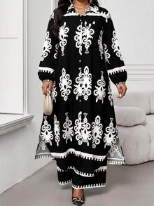 SHEIN Lady 春夏秋冬休閒波希米亞優雅風 職場晚餐派對婚禮賓客黑色編織襯衫領主教袖口袋大尺碼套裝 - 黑與白 - 查看 1