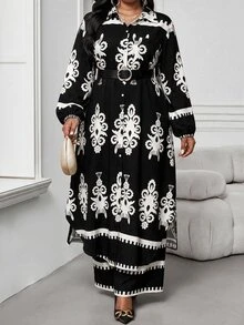 SHEIN Lady 春夏秋冬休閒波希米亞優雅風 職場晚餐派對婚禮賓客黑色編織襯衫領主教袖口袋大尺碼套裝 - 黑與白 - 查看 5