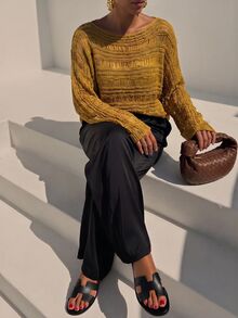 Zivah Sweater Kasual Longgar Wanita Warna Polos dengan Kerah Perahu dan Efek Usang - Kuning - View 9
