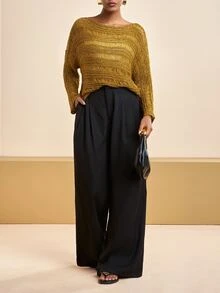 Zivah Sweater Kasual Longgar Wanita Warna Polos dengan Kerah Perahu dan Efek Usang - Kuning - View 6