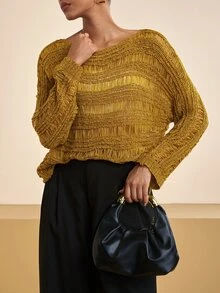 Zivah Sweater Kasual Longgar Wanita Warna Polos dengan Kerah Perahu dan Efek Usang - Kuning - View 4