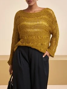 Zivah Sweater Kasual Longgar Wanita Warna Polos dengan Kerah Perahu dan Efek Usang - Kuning - View 5