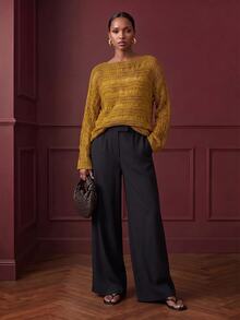 Zivah Sweater Kasual Longgar Wanita Warna Polos dengan Kerah Perahu dan Efek Usang - Kuning - View 8