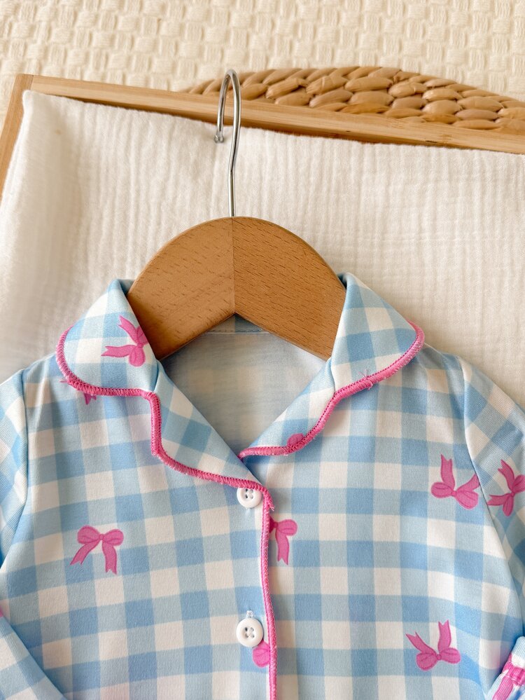 SHEIN Newborn Baby Girl Cute Casual Knit Patchwork Long Sleeve Pajama Set - Blue and White - View 4