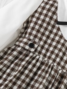 女童秋冬兩件式洋裝，白色泡泡長袖荷葉領搭配棕色格紋背心裙，黑色蝴蝶結裝飾，裝飾鈕扣 - 彩色 - 查看 6