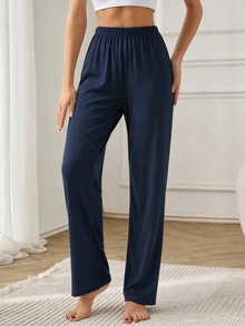 SHEIN Cottnline مجموعة بنطلونات نوم نسائية 2 قطعة بلون كحلي سادة وطبعة مربعات، ناعمة ومريحة للاسترخاء والنوم - متعدد الألوان - مشاهدة 5
