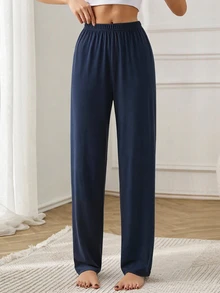 SHEIN Cottnline مجموعة بنطلونات نوم نسائية 2 قطعة بلون كحلي سادة وطبعة مربعات، ناعمة ومريحة للاسترخاء والنوم - متعدد الألوان - مشاهدة 6