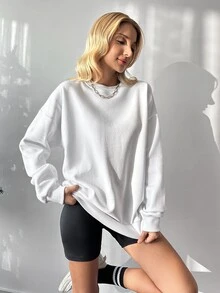 SHEIN بلوزة رياضية كاجوال تقليدية بمقاس كبير من القطن 100% مع شعار مطرز وأكتاف منسدلة، بيضاء رسمية للمعلمات، مناسبة للربيع - أبيض - مشاهدة 4