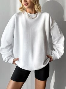SHEIN بلوزة رياضية كاجوال تقليدية بمقاس كبير من القطن 100% مع شعار مطرز وأكتاف منسدلة، بيضاء رسمية للمعلمات، مناسبة للربيع - أبيض - مشاهدة 2