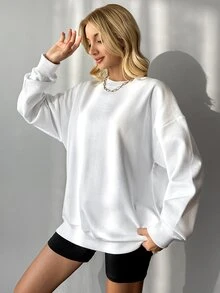 SHEIN بلوزة رياضية كاجوال تقليدية بمقاس كبير من القطن 100% مع شعار مطرز وأكتاف منسدلة، بيضاء رسمية للمعلمات، مناسبة للربيع - أبيض - مشاهدة 5