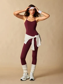 VARSIVA Jumpsuit Camisole Wanita Warna Polos Kasual Modest Athleisure Pakaian Olahraga Aktif Harian untuk Workout Gym Musim Panas - Burgundy - View 7