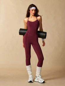 VARSIVA Jumpsuit Camisole Wanita Warna Polos Kasual Modest Athleisure Pakaian Olahraga Aktif Harian untuk Workout Gym Musim Panas - Burgundy - View 10