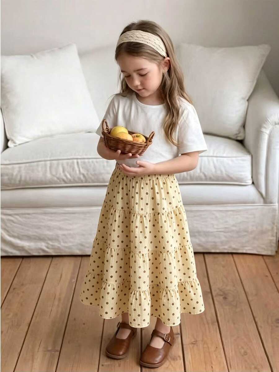 Souflis Girls Korean Style Minimalist Polka Dot Print Full Skirt, Summer Daily Wear - Multicolor - View 1