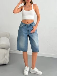 SHEIN شورت جينز نسائي مقاس كبير 100% قطن صلب غسيل متوسط خصر عالي طول متوسط قصة مريحة كاجوال - أزرق متوسط - مشاهدة 4