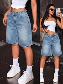 SHEIN شورت جينز نسائي مقاس كبير 100% قطن صلب غسيل متوسط خصر عالي طول متوسط قصة مريحة كاجوال - أزرق متوسط - مشاهدة 2