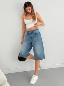 SHEIN شورت جينز نسائي مقاس كبير 100% قطن صلب غسيل متوسط خصر عالي طول متوسط قصة مريحة كاجوال - أزرق متوسط - مشاهدة 7