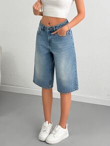 SHEIN شورت جينز نسائي مقاس كبير 100% قطن صلب غسيل متوسط خصر عالي طول متوسط قصة مريحة كاجوال - أزرق متوسط - مشاهدة 8