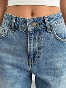 SHEIN شورت جينز نسائي مقاس كبير 100% قطن صلب غسيل متوسط خصر عالي طول متوسط قصة مريحة كاجوال - أزرق متوسط - مشاهدة 6