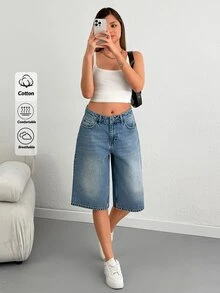 SHEIN شورت جينز نسائي مقاس كبير 100% قطن صلب غسيل متوسط خصر عالي طول متوسط قصة مريحة كاجوال - أزرق متوسط - مشاهدة 10