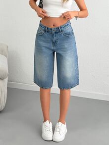 SHEIN شورت جينز نسائي مقاس كبير 100% قطن صلب غسيل متوسط خصر عالي طول متوسط قصة مريحة كاجوال - أزرق متوسط - مشاهدة 9