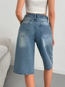 SHEIN شورت جينز نسائي مقاس كبير 100% قطن صلب غسيل متوسط خصر عالي طول متوسط قصة مريحة كاجوال - أزرق متوسط - مشاهدة 3