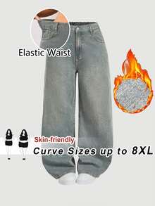 SHEIN CURVE+ Plus Size Fashion Button Pocket Loose Fit Denim Jeans - Blue - View 1