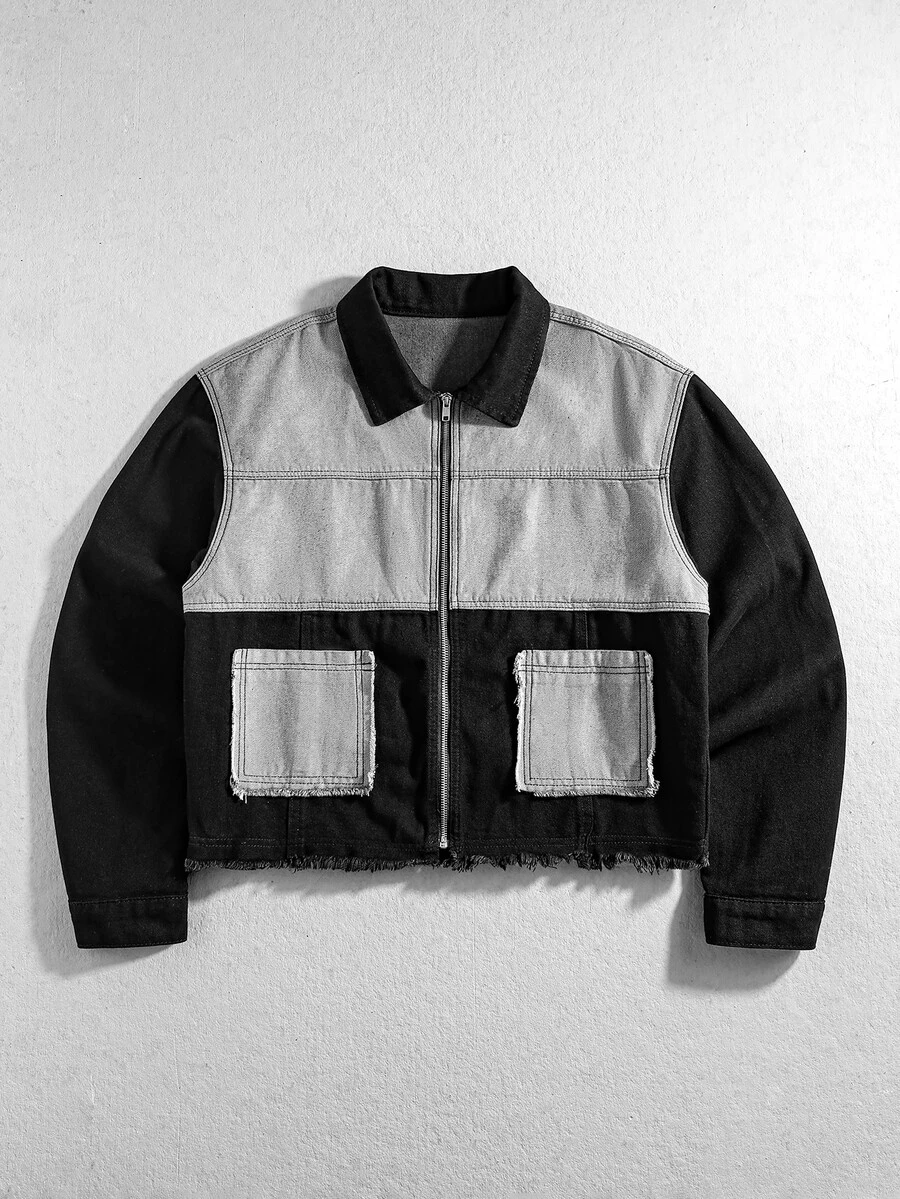 ROMWE MEN Men's Patchwork Contrast Color Loose Fit Denim Jacket - Multicolor - View 1