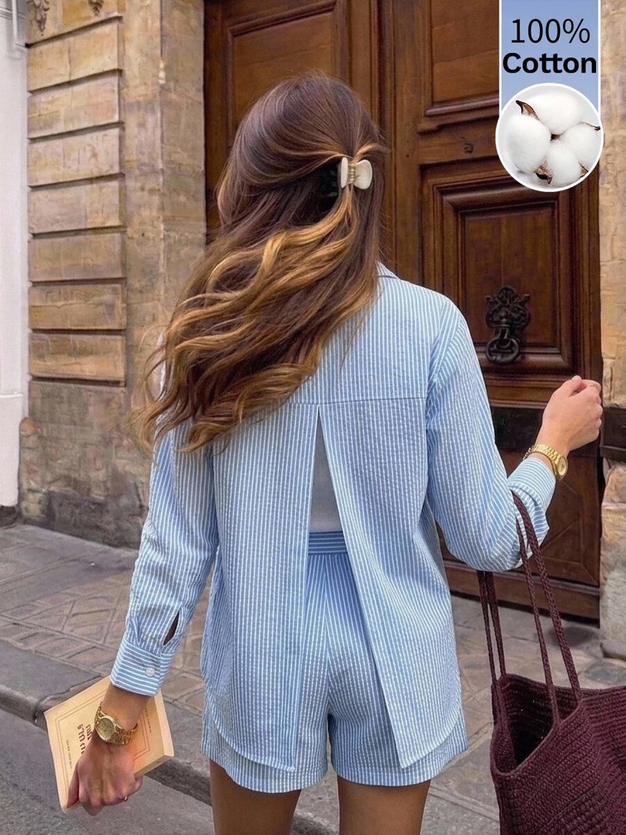 Serisse Women's Blue And White Striped Loose Shirt 2 Pieces Set - Blue and White - View 1