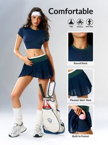 VARSIVA Women's Round Neck Short Sleeve Cropped T-Shirt And Pleated Skort Sports Set - Multicolor - View 6