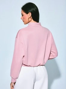 Sovereign Charm Women's Half-Zip Stand Collar Cropped Waist Athletic Sweatshirt, Loose Drop Shoulder Short Top, Autumn/Winter - Pink - View 2