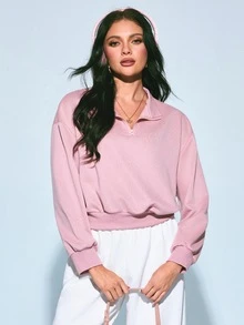 Sovereign Charm Women's Half-Zip Stand Collar Cropped Waist Athletic Sweatshirt, Loose Drop Shoulder Short Top, Autumn/Winter - Pink - View 4