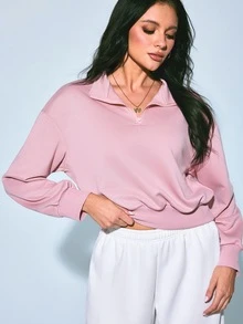 Sovereign Charm Women's Half-Zip Stand Collar Cropped Waist Athletic Sweatshirt, Loose Drop Shoulder Short Top, Autumn/Winter - Pink - View 6