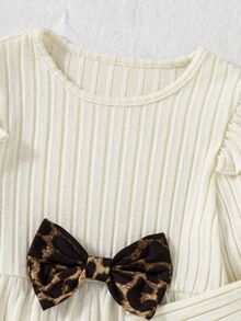 Girls' Beige Vertical Striped Long Sleeve Top With Leopard Print Pants Ruffle Flutter Sleeves Bow Contrast Color Simple Fabric Autumn Birthday - Multicolor - View 8